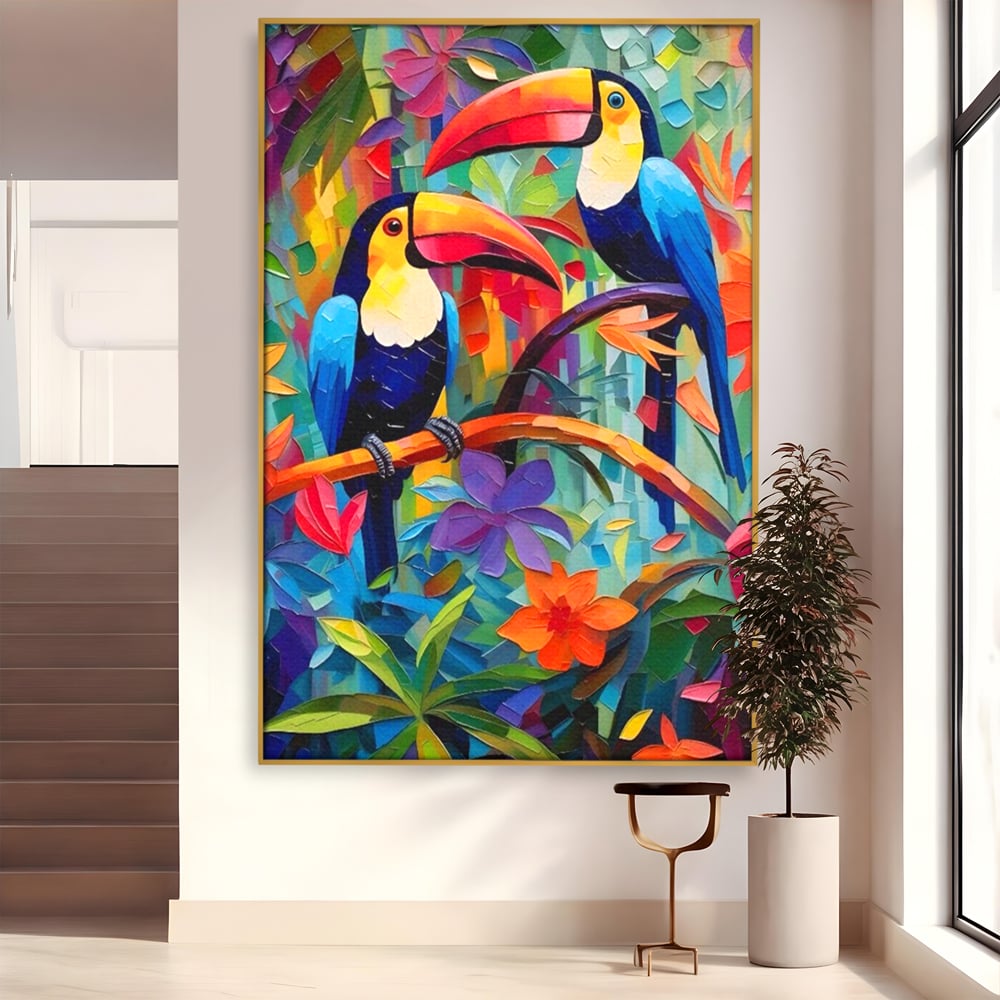 Tablou canvas cu tablou canvas cu tucani colorati, in rama de aluminiu auriu